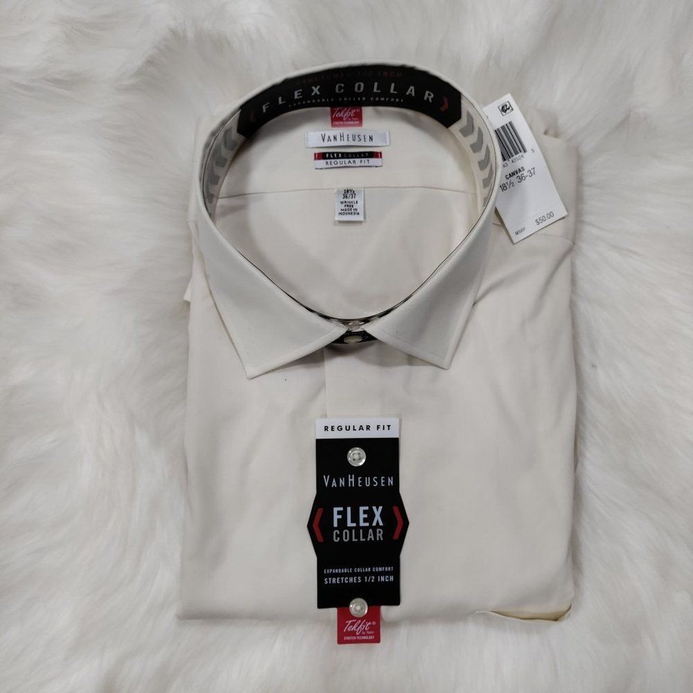NWT VanHeusen Flex Collar Off White Button Down Shirt 18.5 36-37 - Picture 1 of 4